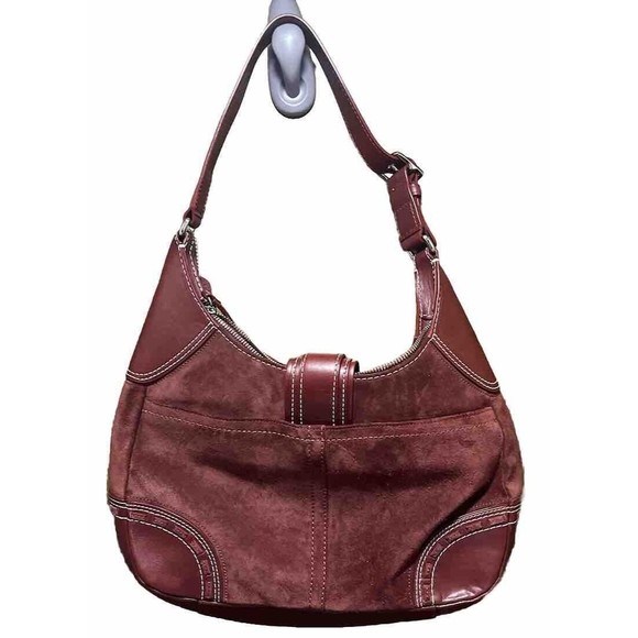 Coach Hamptons Suede Hobo Handbag Wine Burgundy Leather Trim - Picture 2 of 7